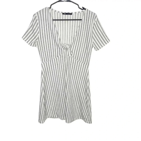 Zara Striped Tie Front Blue White Dress, Size Small - Picture 2 of 6